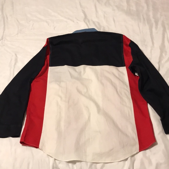 Urgent Gear SportsWear L 100%Cotton Red White Black Blue Star Stripes Mens Shirt - Picture 8 of 8